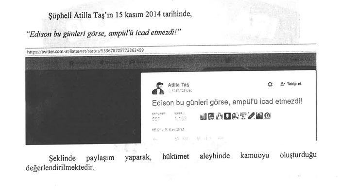 Atilla Taş'ın attığı Tweet suç delili sayılmış